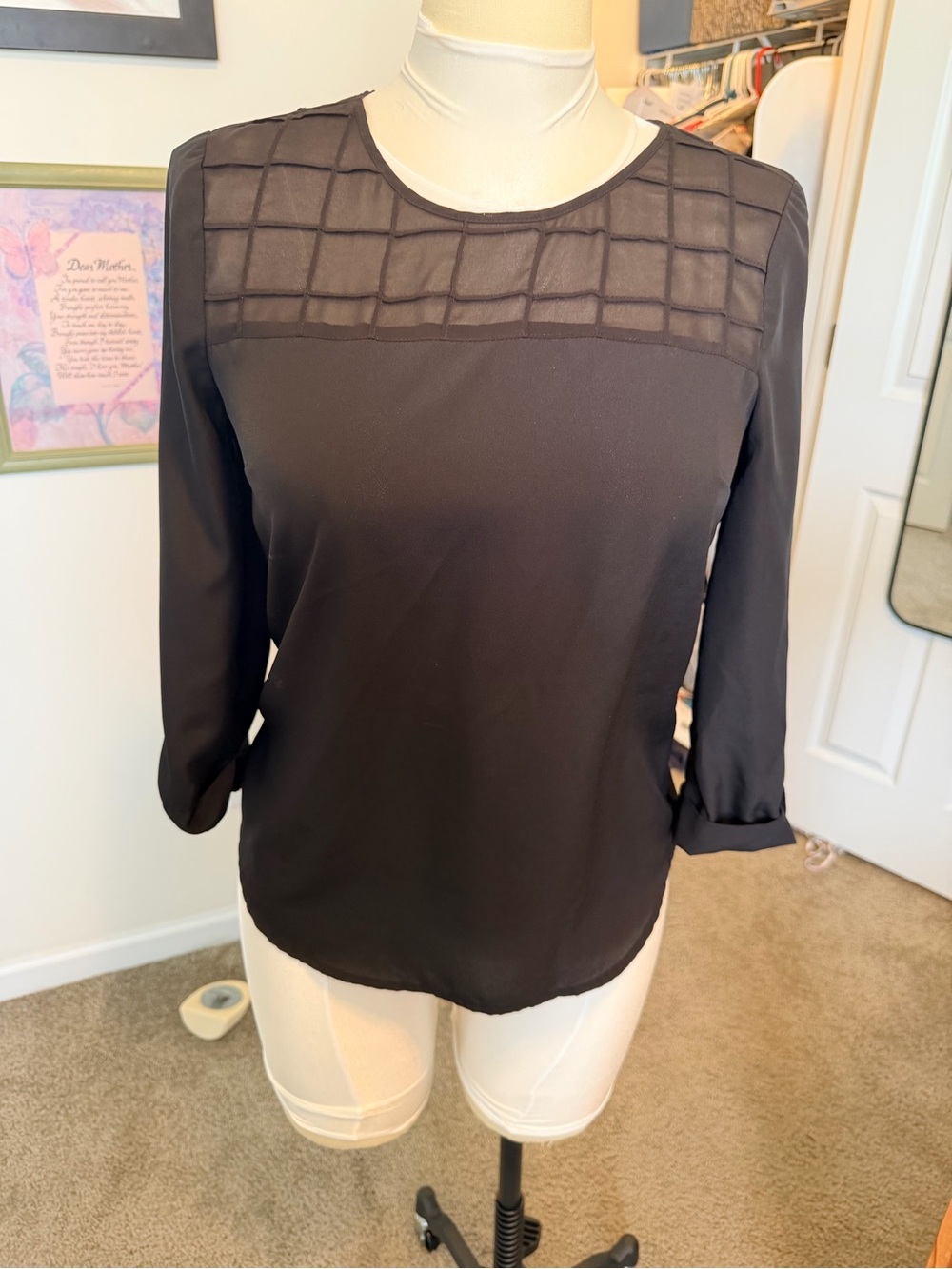 41 Hawthorn Black Long-Sleeve Blouse with Sheer Grid Yoke